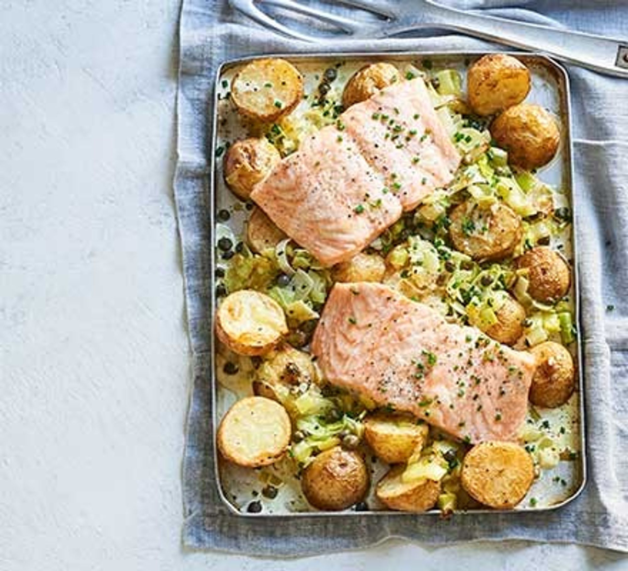 Creamy salmon, leek & potato traybake - My Recipe Magic