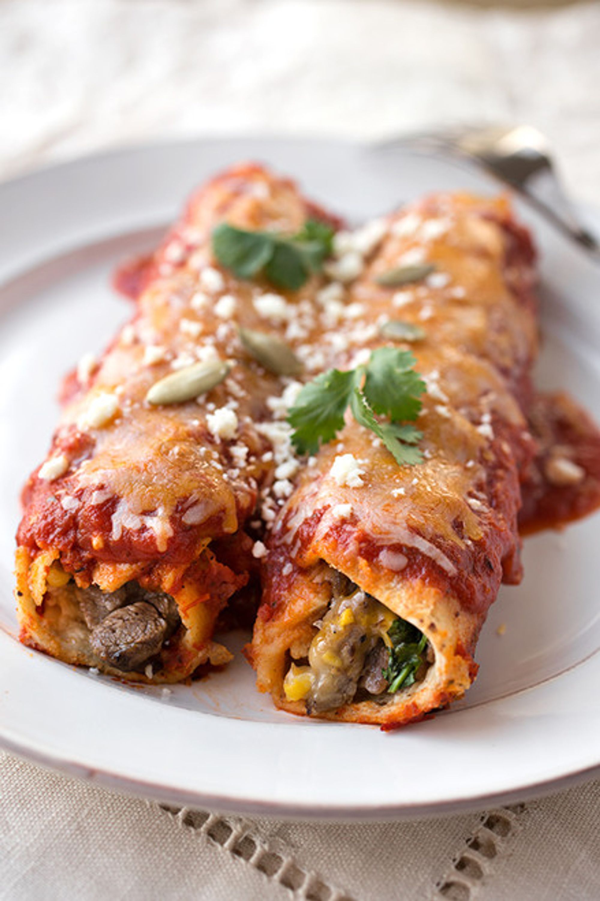 Flank Steak & Four Cheese Enchiladas with Sweet Corn Smoky Chipotle